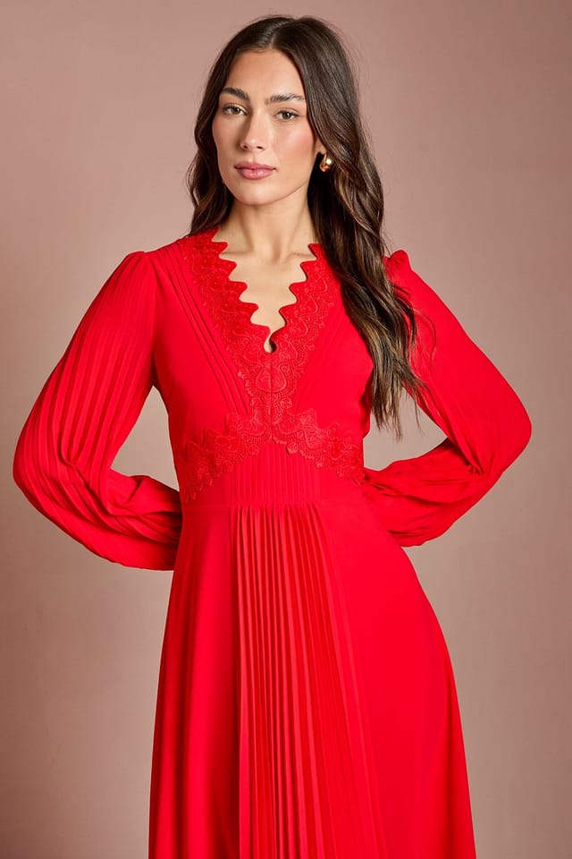 Coast Coast Women's Pleat Detail Lace Trim Maxi Dress in Flame Red - 2