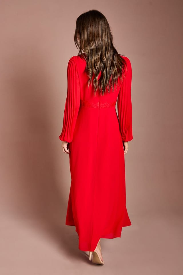 Coast Coast Women's Pleat Detail Lace Trim Maxi Dress in Flame Red - 3