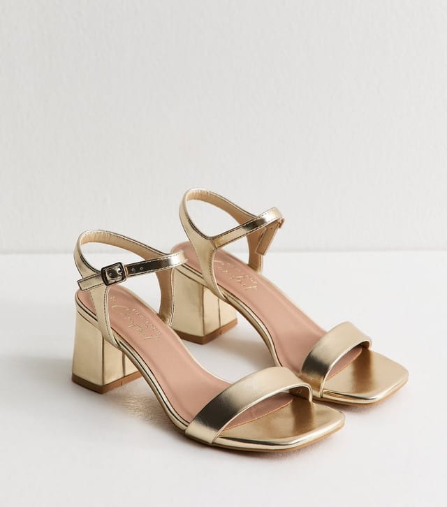 New Look Women's Gold Faux Leather Square Toe Block Heel Sandals Vegan New Look - 2