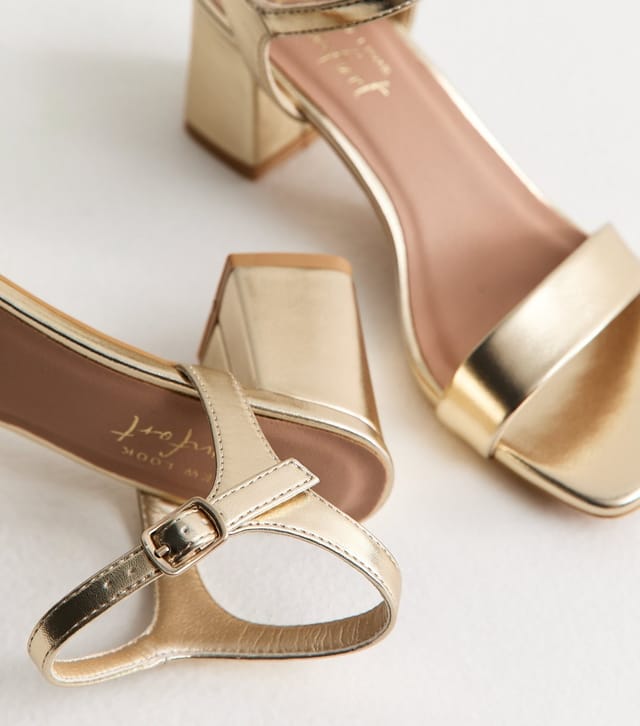 New Look Women's Gold Faux Leather Square Toe Block Heel Sandals Vegan New Look - 3