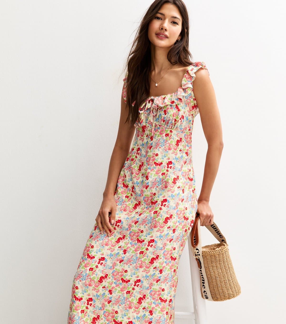 New Look Women's Multicolour Floral Print Ruffle Trim Tie Back Midi Dress New Look