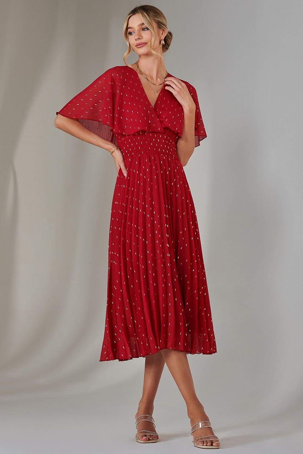 Jolie Moi Jolie Moi Women's Metallic Spot Chiffon Pleated Dress in Dark Red