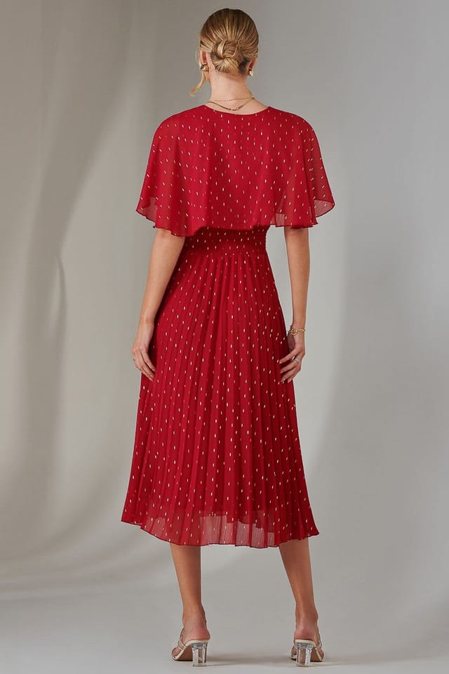 Jolie Moi Jolie Moi Women's Metallic Spot Chiffon Pleated Dress in Dark Red - 2