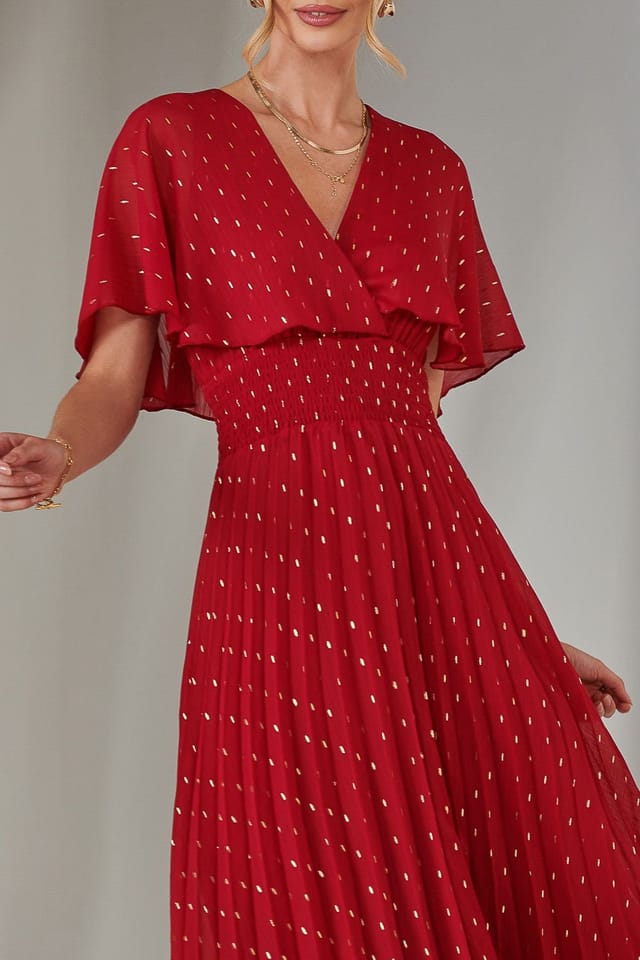 Jolie Moi Jolie Moi Women's Metallic Spot Chiffon Pleated Dress in Dark Red - 3