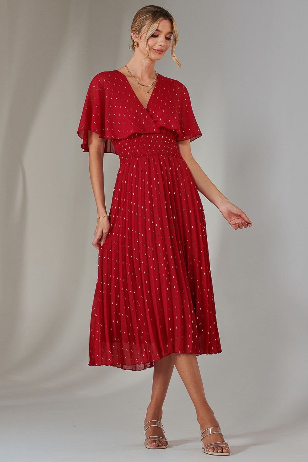 Jolie Moi Jolie Moi Women's Metallic Spot Chiffon Pleated Dress in Dark Red - 4