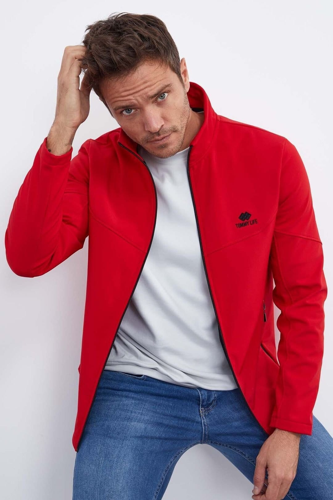 Tommy Life Tommy Life Men's Solid Scuba Zip-Front Jacket in Red - 4