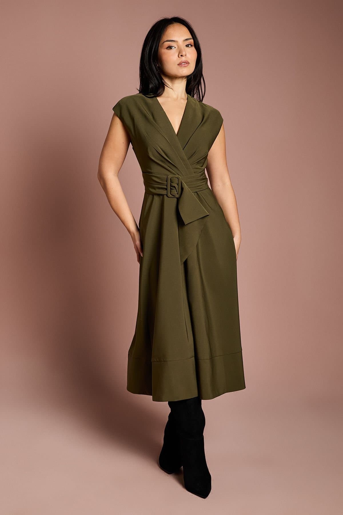 Coast Coast Women's Petite Belted Crepe Dress in Olive