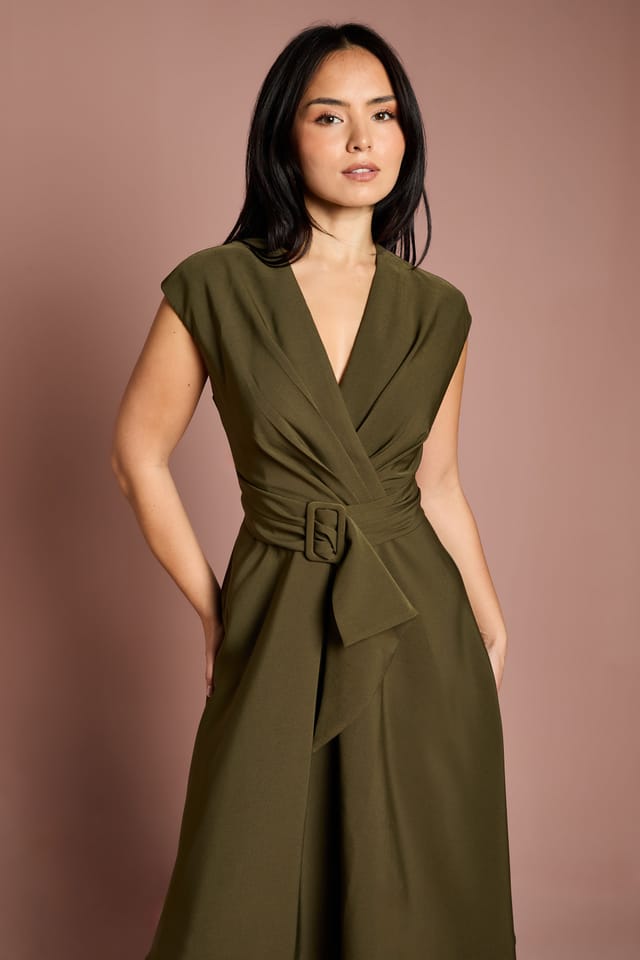 Coast Coast Women's Petite Belted Crepe Dress in Olive - 2