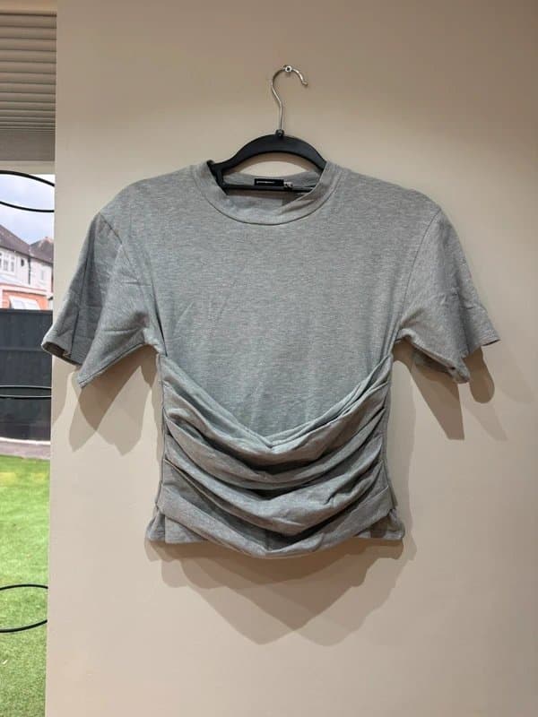 ASOS Design ASOS Design Ruched Grey Crop Top Womens S Draped Waist Short Sleeve Fitted Y2K Style