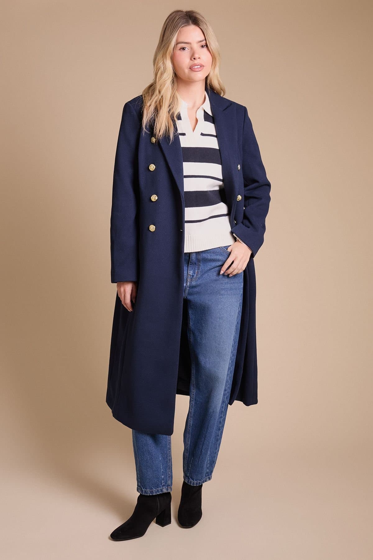 Dorothy Perkins Dorothy Perkins Women's Midi Length Fitted Military Coat in Navy