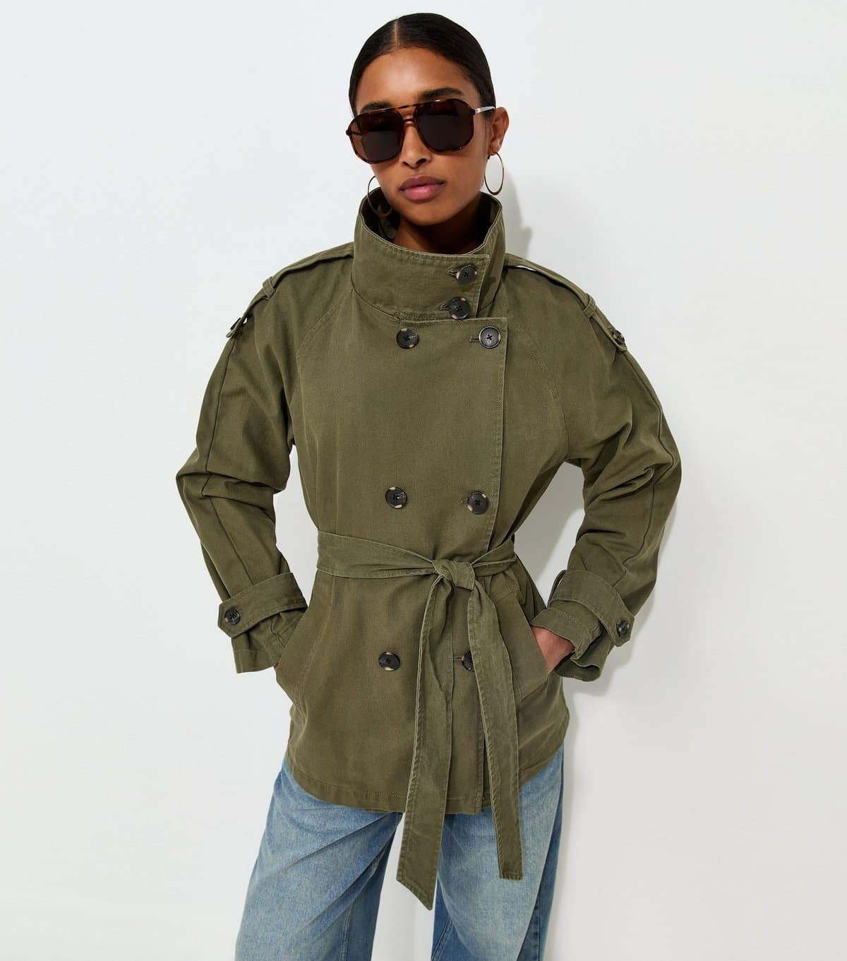 New Look Women's Dark Khaki Cotton Funnel Neck Tie Waist Trench Jacket New Look