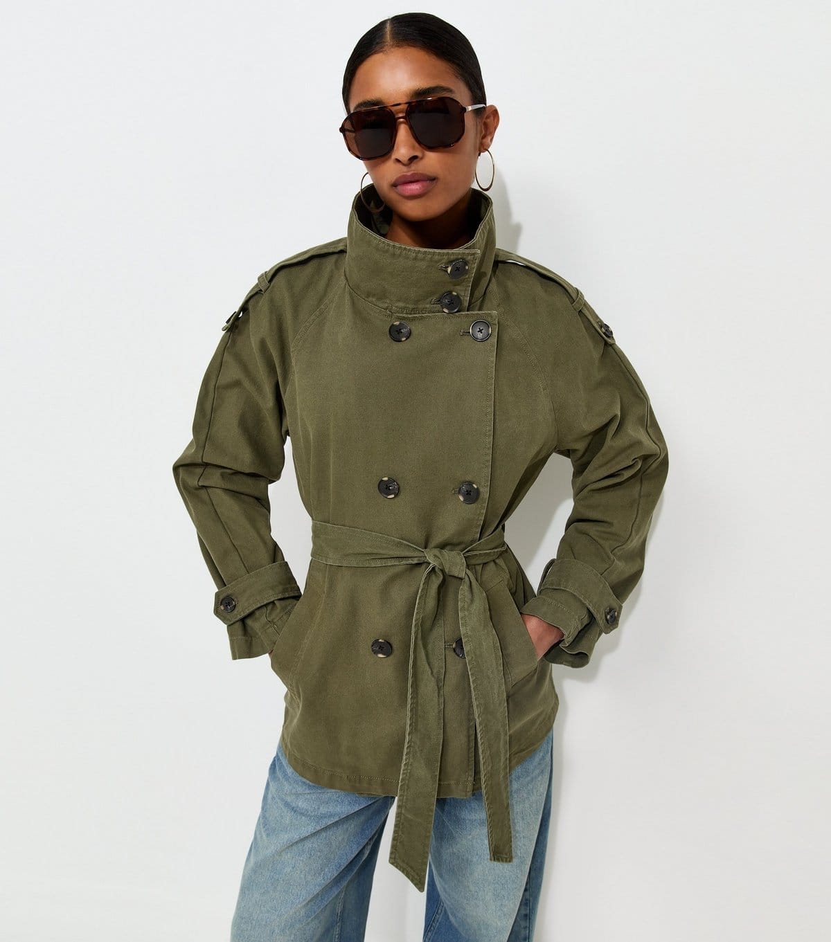 New Look Dark Khaki Cotton Funnel Neck Trench Jacket