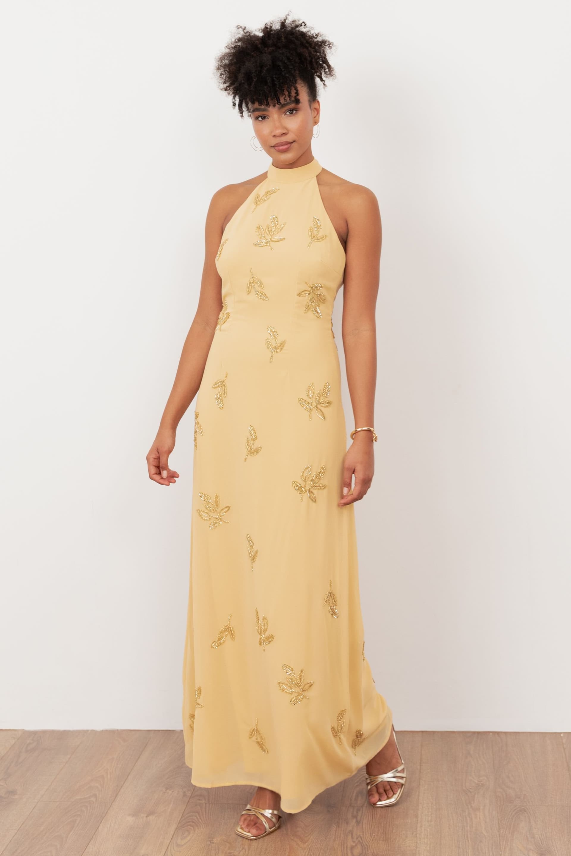 Maya Deluxe Maya Deluxe Women's Embellished Halter Neck Open Back Maxi Dress in Yellow