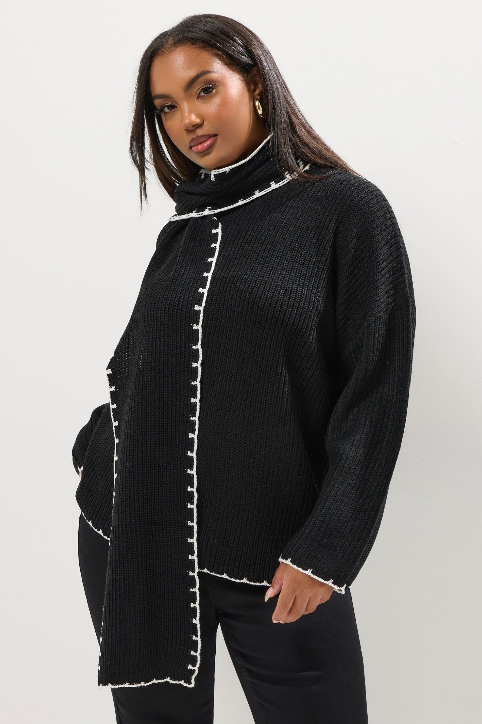 Yours Plus Size Black Blanket Stitch Scarf Detail Jumper