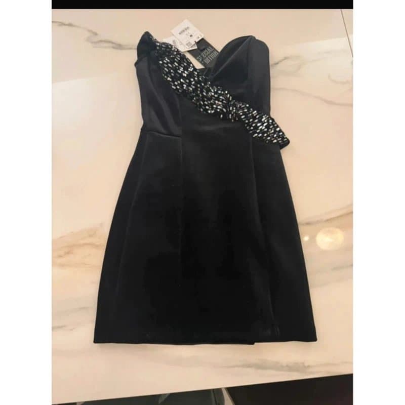Bershka Bershka Special Edition black velvet crystals embellished mini dress size s