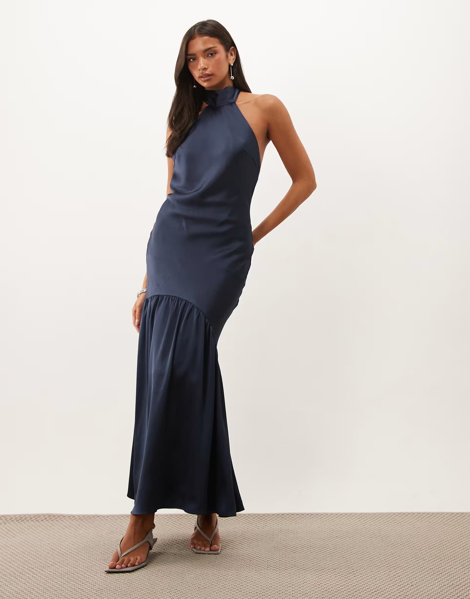 ASOS Pretty Lavish satin high neck bias backless maxi dress in navy