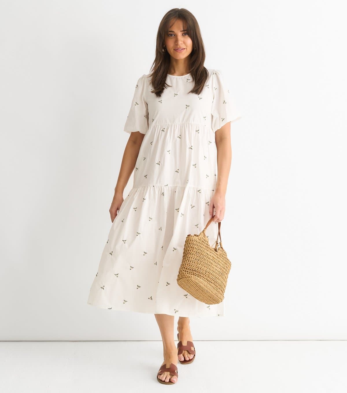 Gini London Women's White Floral Embroidered Tiered Midi Smock Dress Gini London New Look