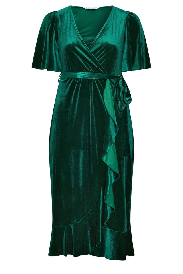 Yours Yours Women's Velvet Midi Wrap Dress in Dark Green - 2