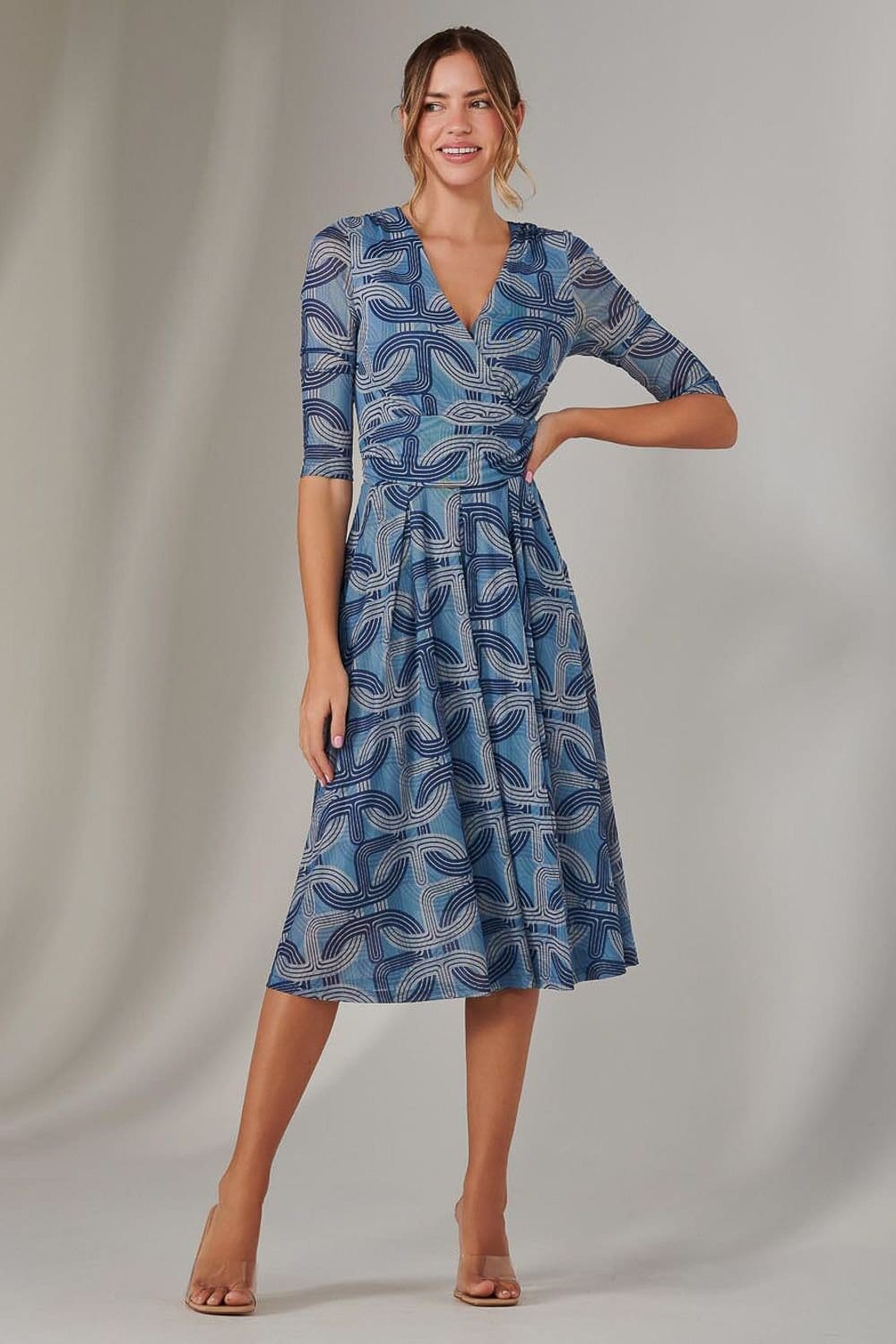 Jolie Moi Blue Mesh Wrap Midi Dress