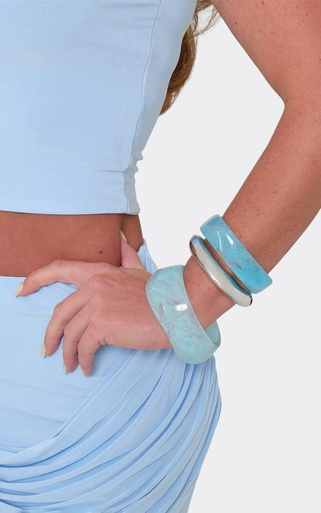 EGO Chunky Bangle Bracelet Pack In Silver And Blue Resin, Women's Size UK 0 - 2