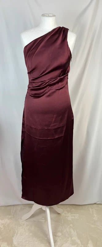 Pretty Lavish UK 8 Pretty Lavish Plum Satin One Shoulder Ruched Midaxi Dress Side Split Wedding Guest