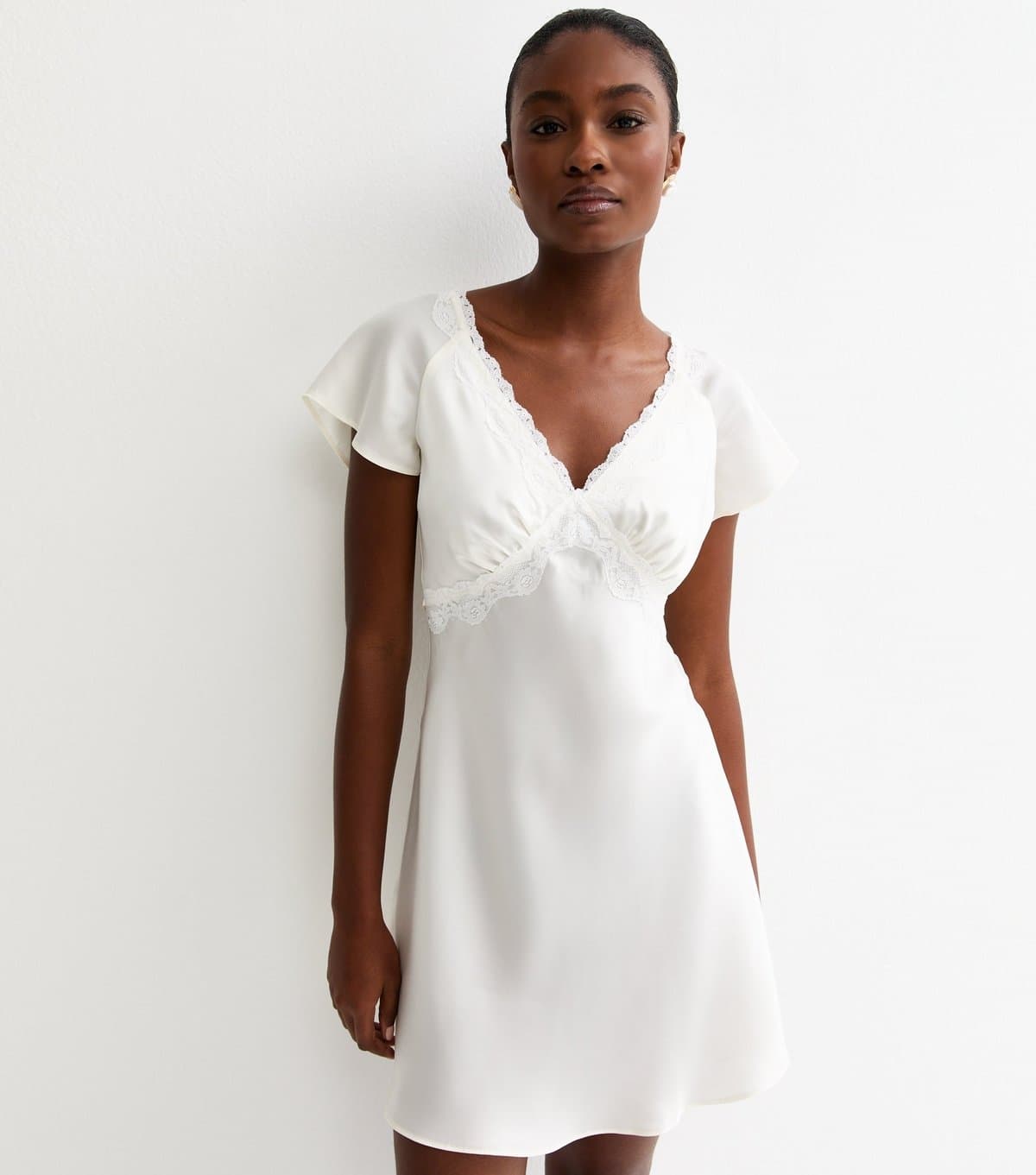 New Look Women's White Satin Lace Trimmed Mini Dress New Look