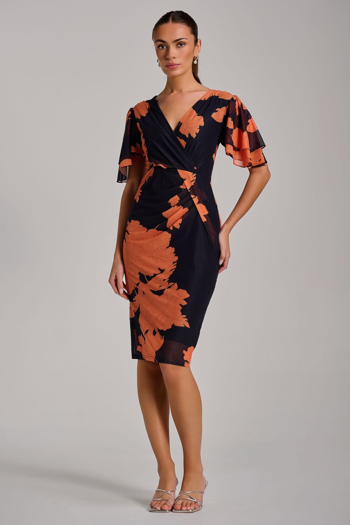 Jolie Moi Jolie Moi Women's Angel Sleeve Ruched Mesh Bodycon Dress in Navy - 4