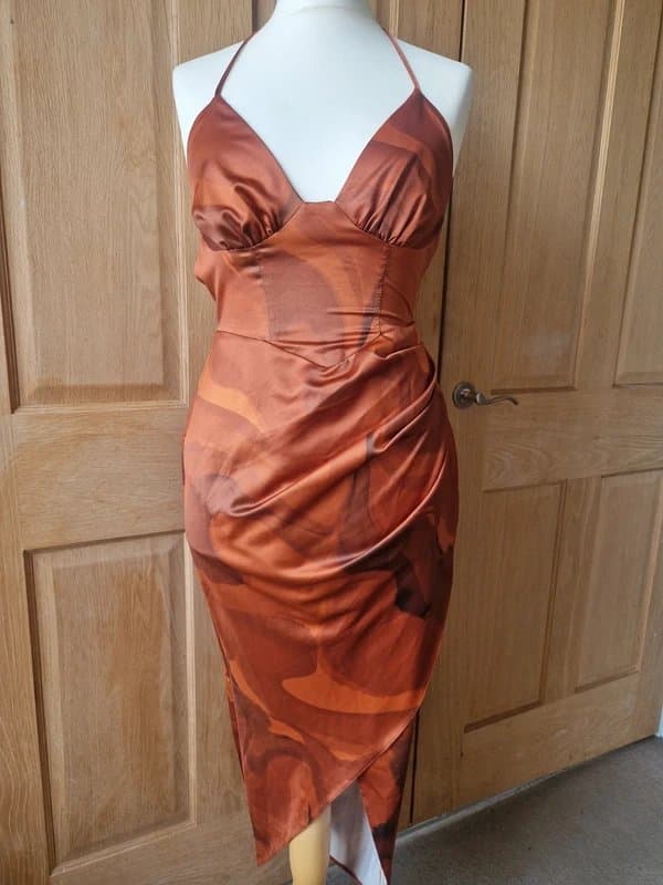 ASOS ASOS Luxe Satin Strappy Orange Backless Halter Corset Midi Dress