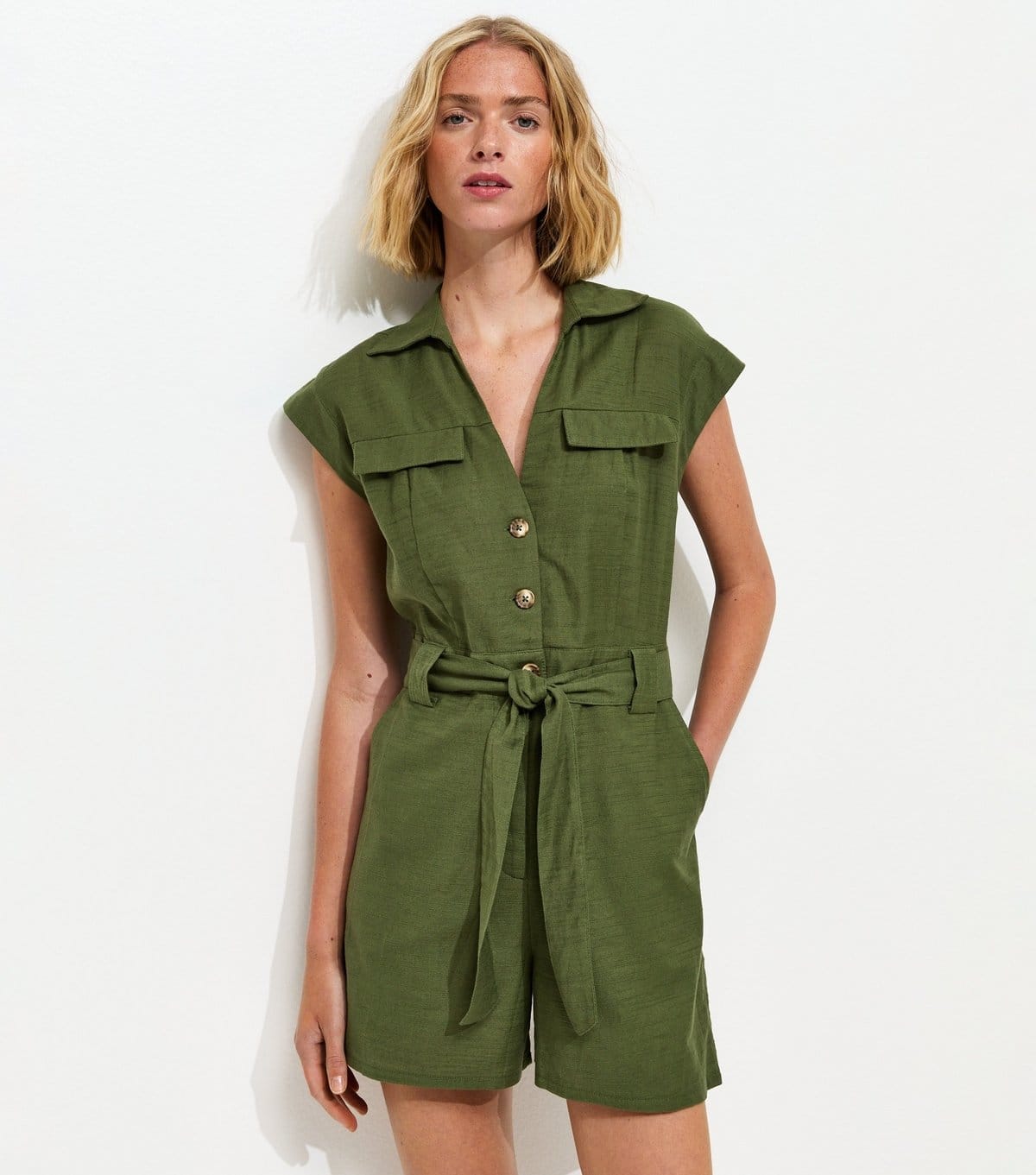 New Look Khaki Utility Short Sleeve Playsuit