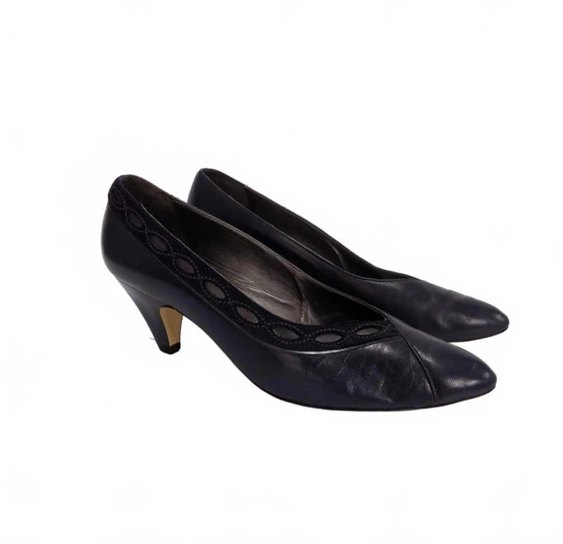 Holmes Vintage Shoes Blue Leather UK 5 Narrow Holmes Navy Block Heel Court Made England