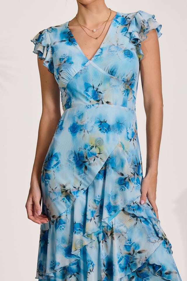 Jolie Moi Jolie Moi Women's Mesh Ruffle Detail Maxi Dress in Blue - 3
