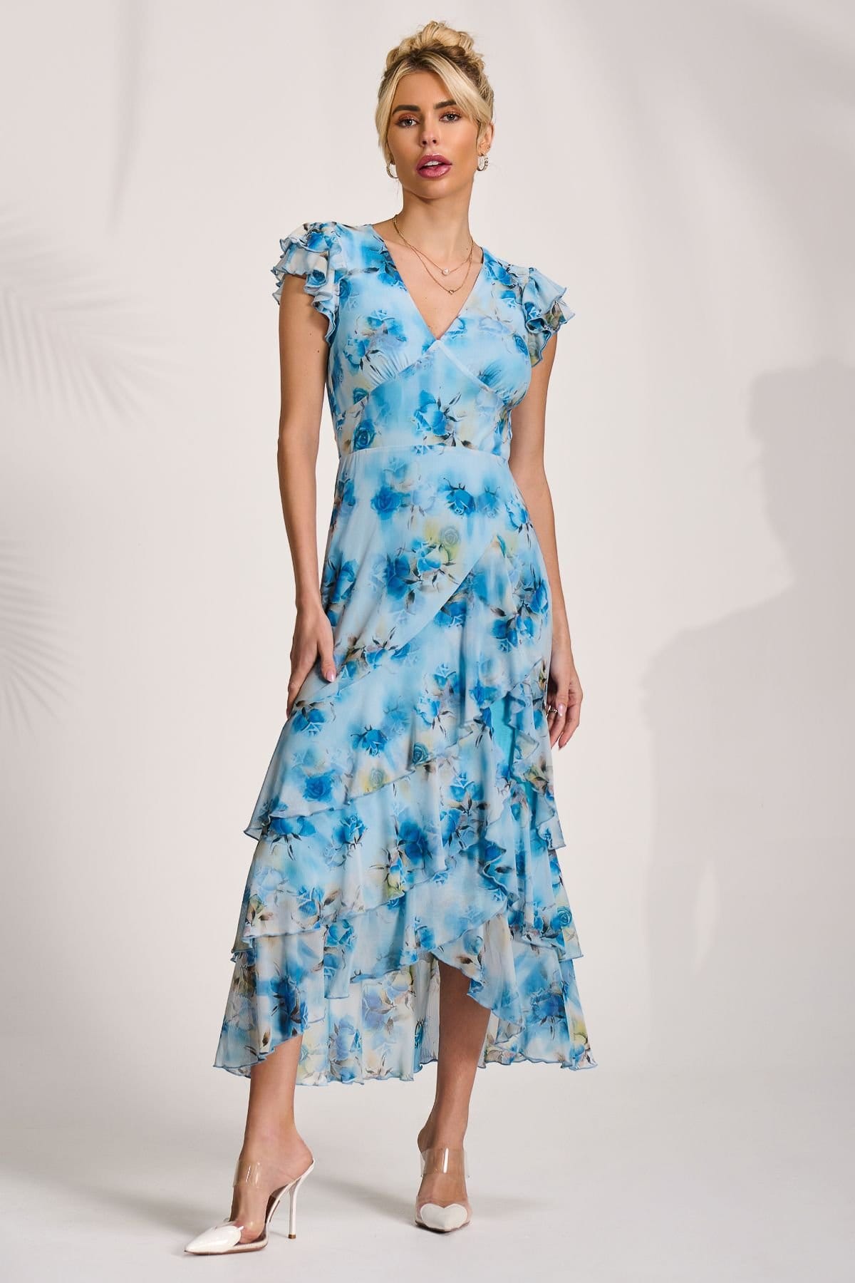 Jolie Moi Jolie Moi Women's Mesh Ruffle Detail Maxi Dress in Blue - 4