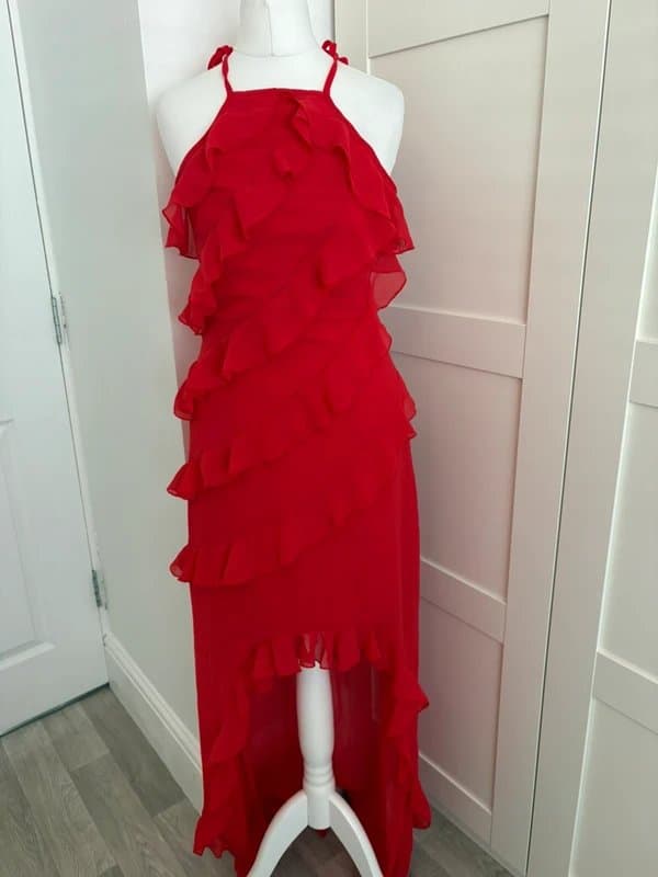 PrettyLittleThing PrettyLittleThing Tall Red Ruffle Hi Lo Midi Maxi Dress UK 6 Party Prom Wedding Guest Holiday