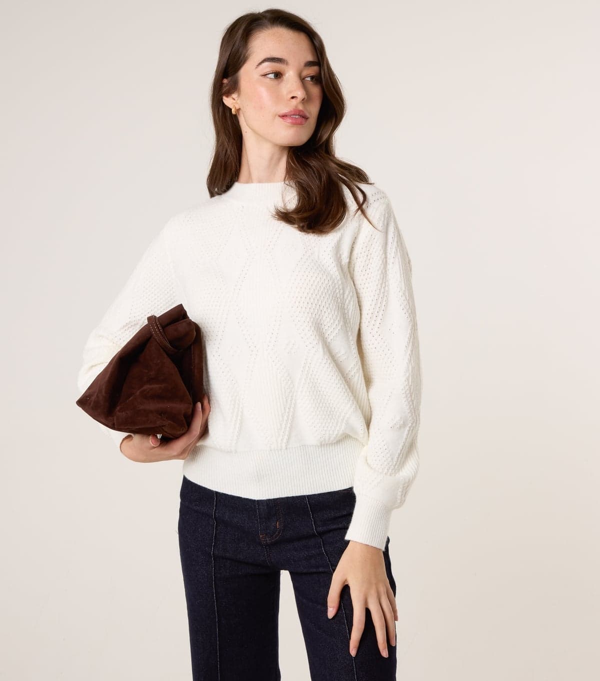 Blue Vanilla Women's Off White Argyle Texture Jumper Blue Vanilla New Look