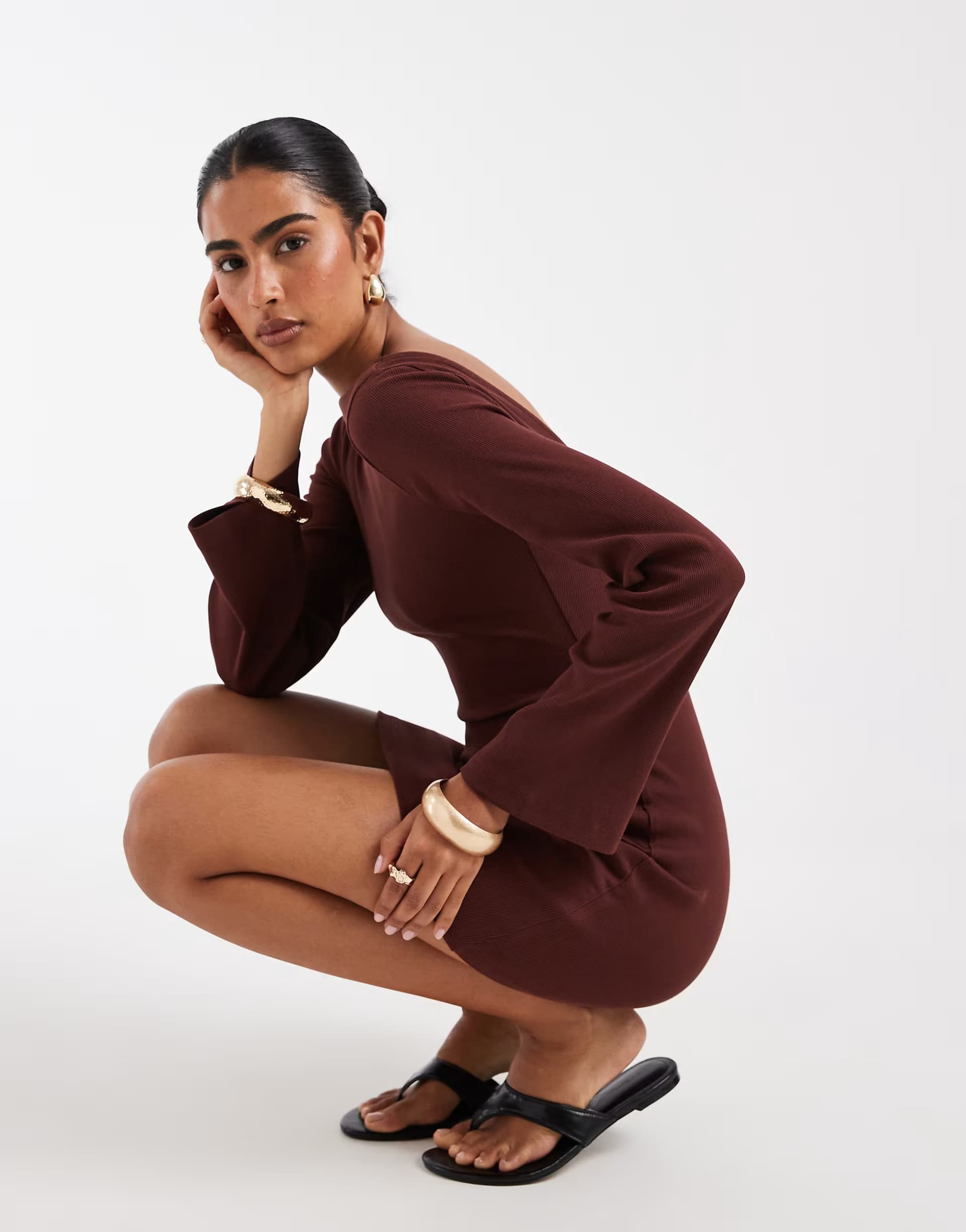 ASOS ASOS DESIGN cotton rib scoop back mini dress in chocolate