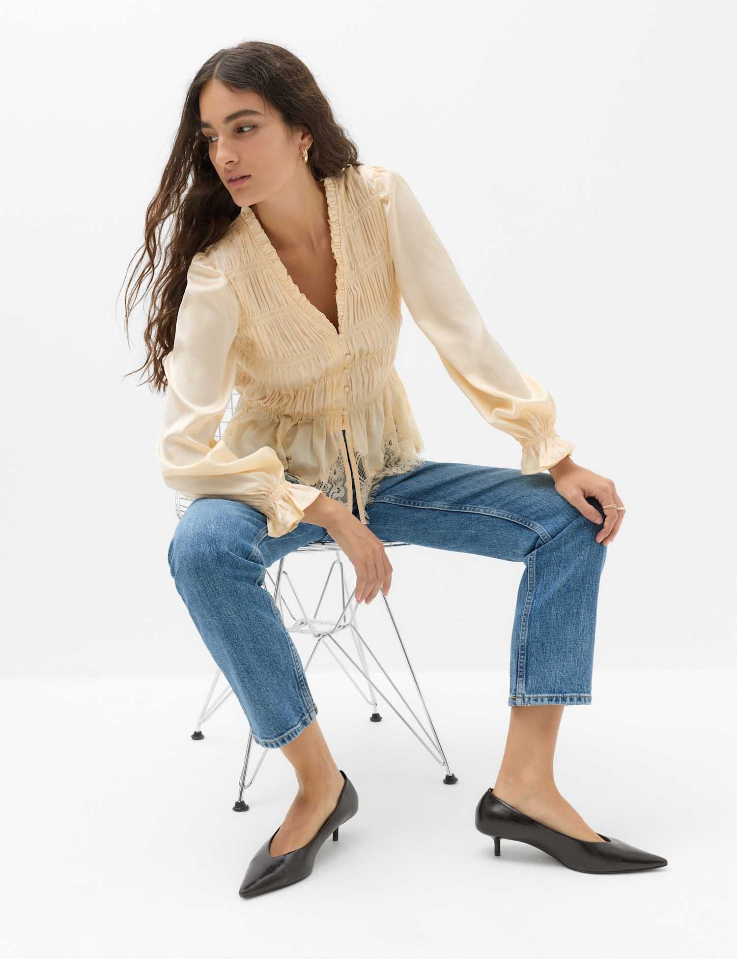 Marks & Spencer M&S Satin Lace V Neck Shirred Top Ivory