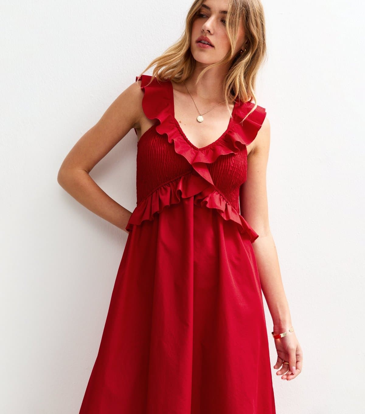 New Look Women's Bright Red Ruffle Trim Shirred Bust Midi Dress New Look