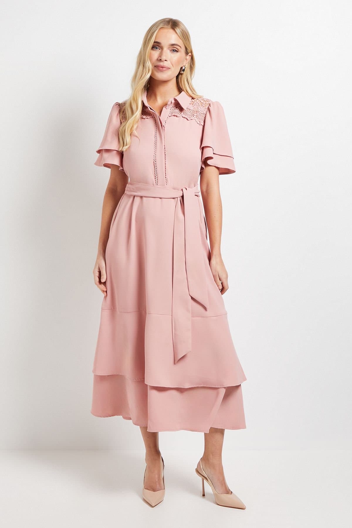 Wallis Wallis Women's Petite Lace Insert Ruffle Sleeve Midi Dress in Pink