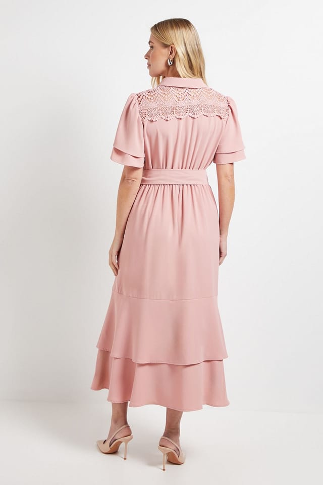 Wallis Wallis Women's Petite Lace Insert Ruffle Sleeve Midi Dress in Pink - 3