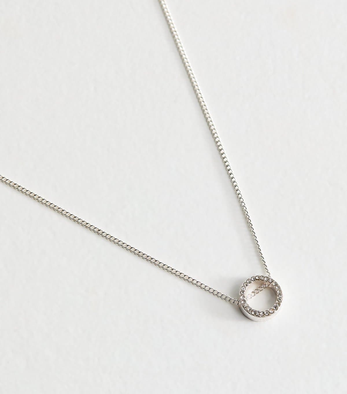 New Look Silver Tone Diamanté Circle Pendant Chain Necklace New Look