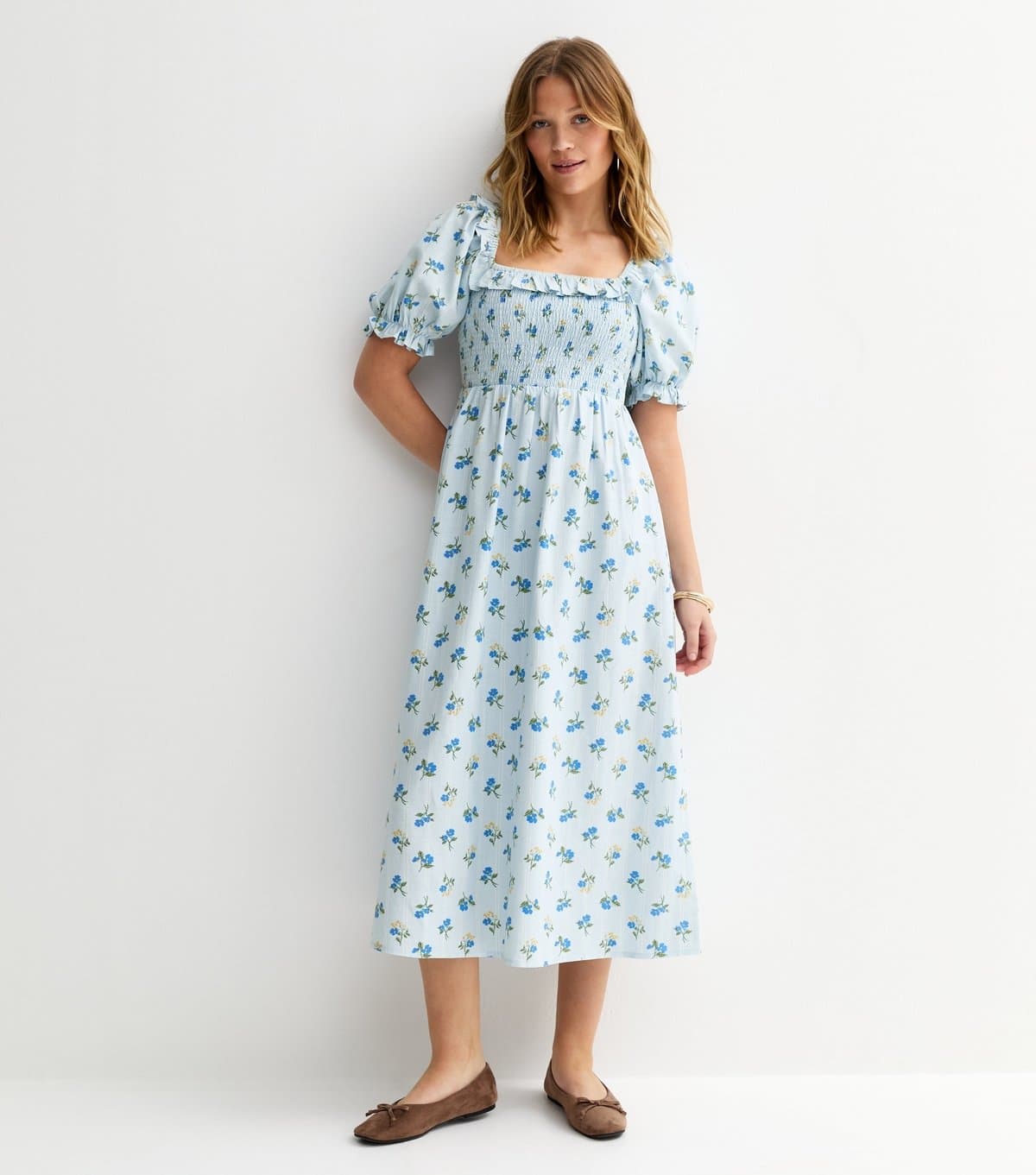 New Look Women's Blue Floral Print Shirred Frill Trim Midi Dress New Look