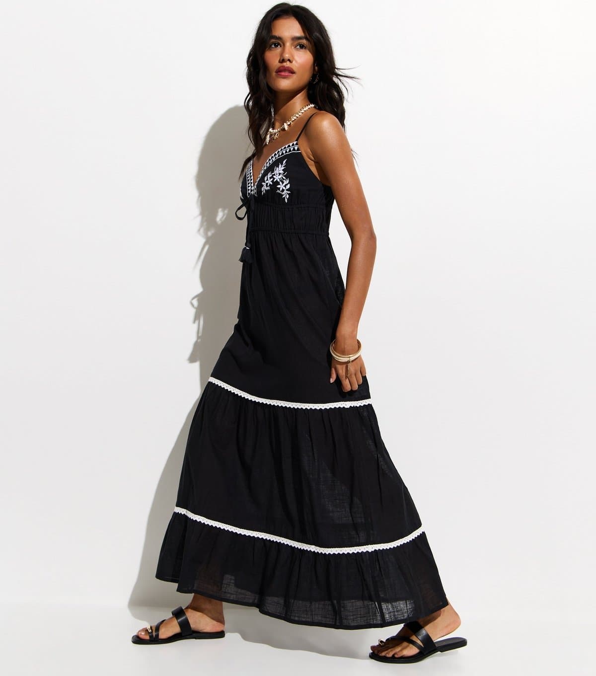New Look Women's Black Embroidered Cotton Beach Maxi Dress New Look