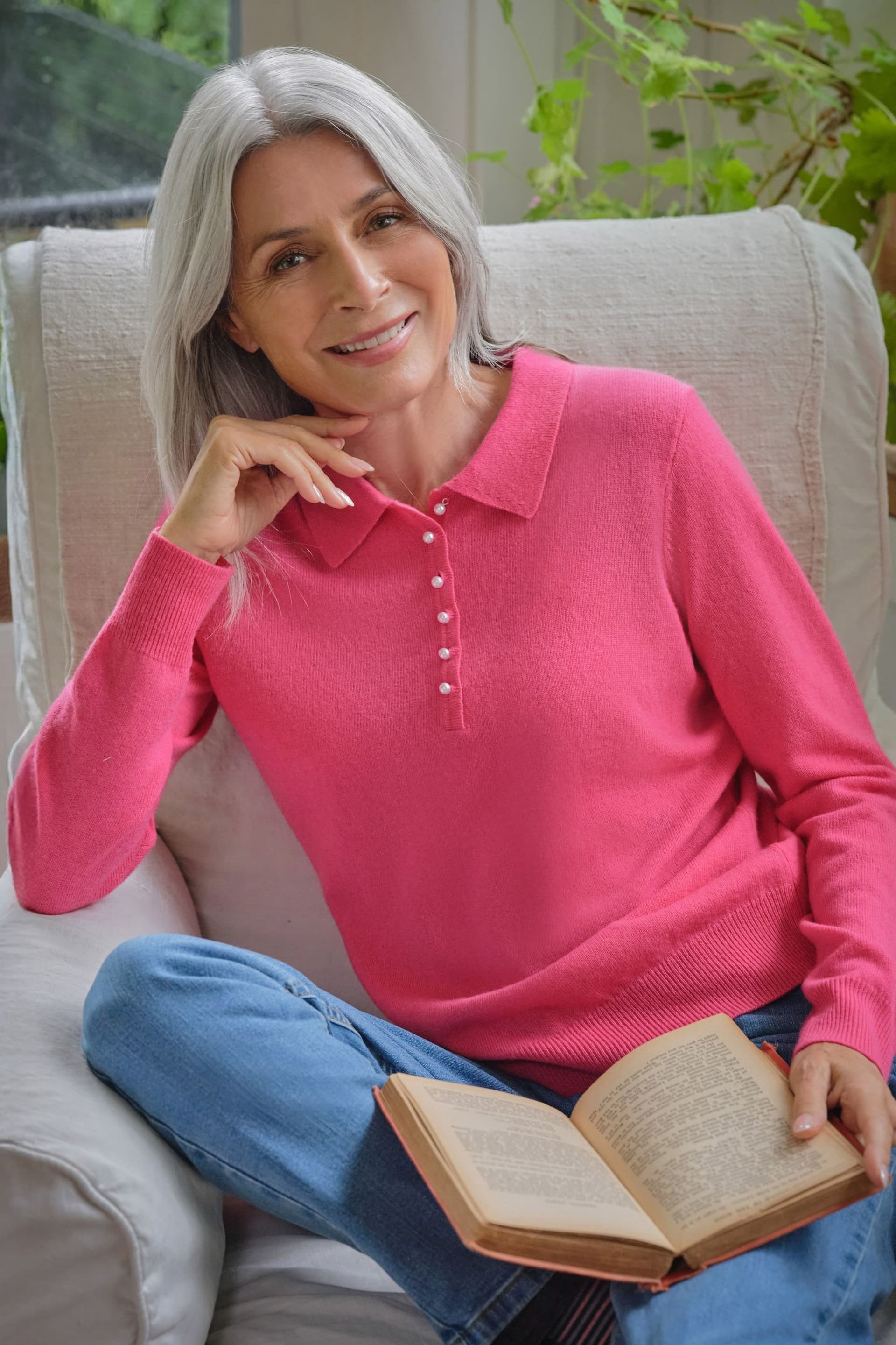 WoolOvers WoolOvers Women's Cashmere & Merino Knitted Polo Shirt in Pink