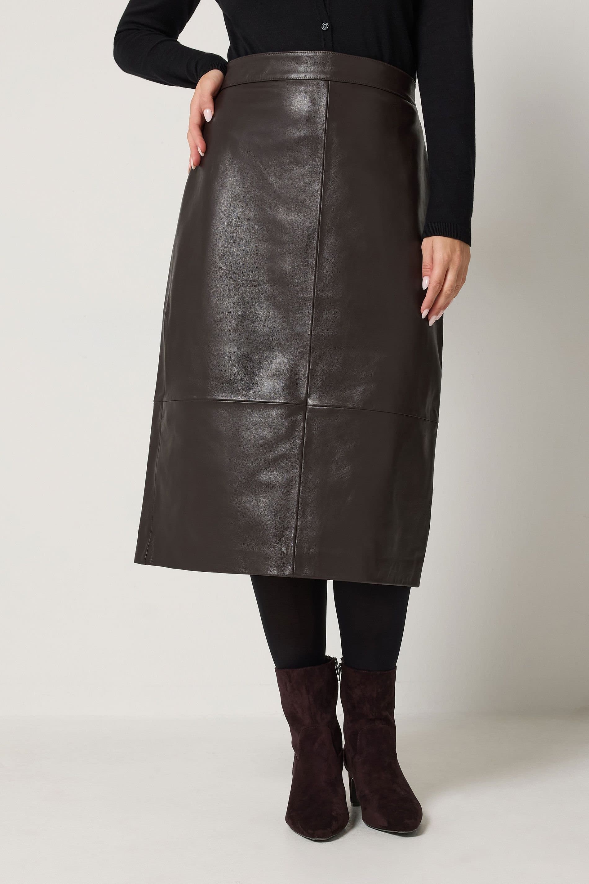 M&Co M&Co Women's Premium Real Leather Midi Skirt in Dark Brown