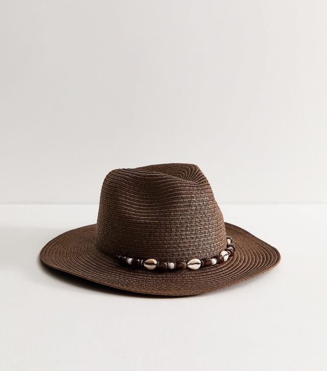 New Look Dark Brown Beaded Shell Trim Straw Fedora Hat New Look - 2