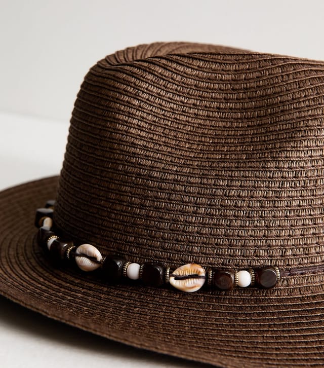 New Look Dark Brown Beaded Shell Trim Straw Fedora Hat New Look - 3