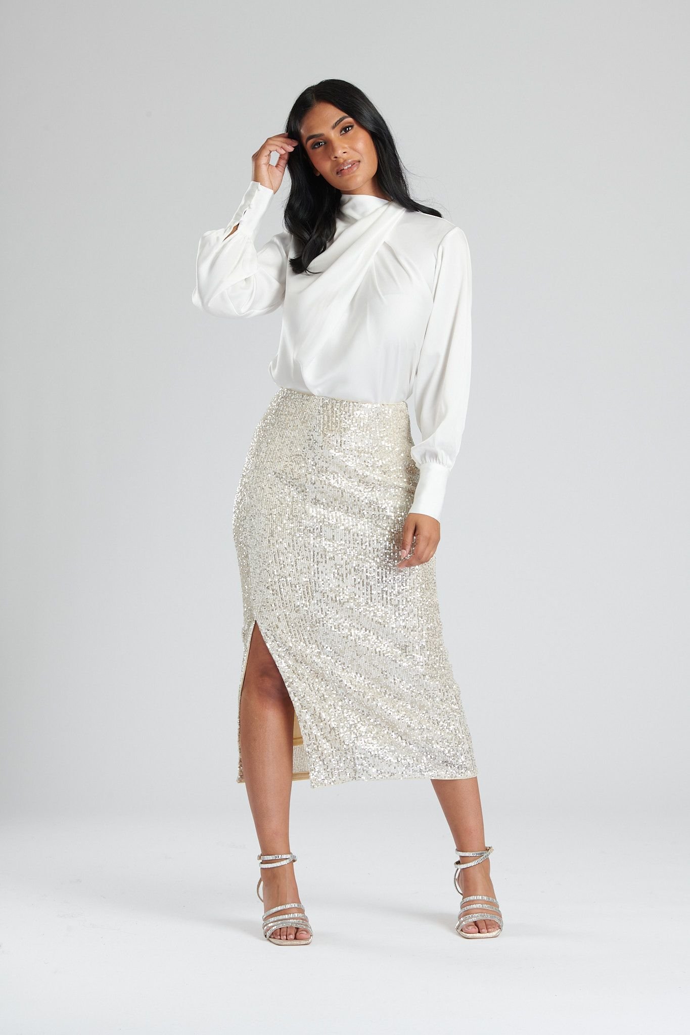 Finding Friday Finding Friday Women's Sequin Midi Skirt With Split in Cream - 4