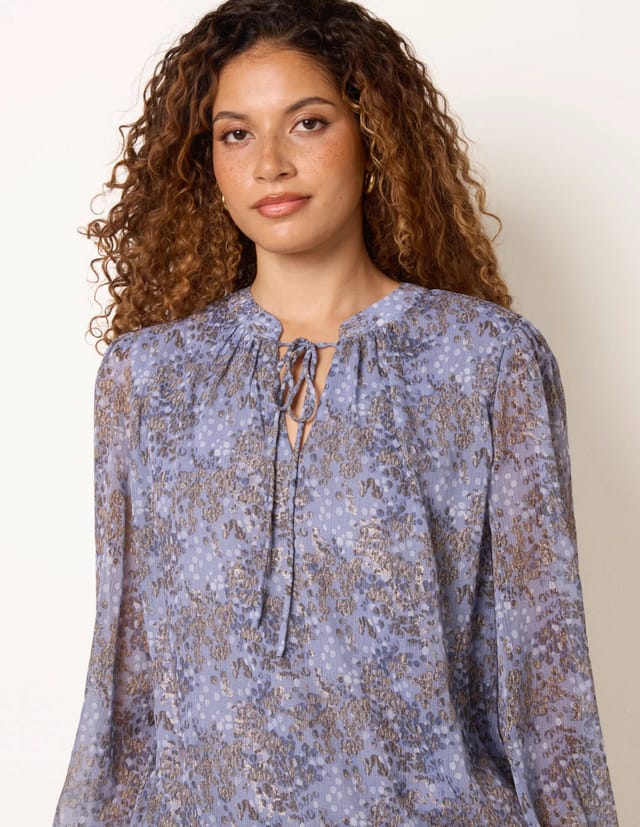 Blue Vanilla Metallic Leopard Print Tie Neck Puff Ball Blouse - 2