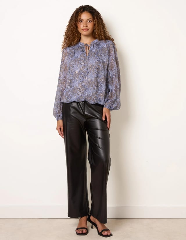 Blue Vanilla Metallic Leopard Print Tie Neck Puff Ball Blouse - 3