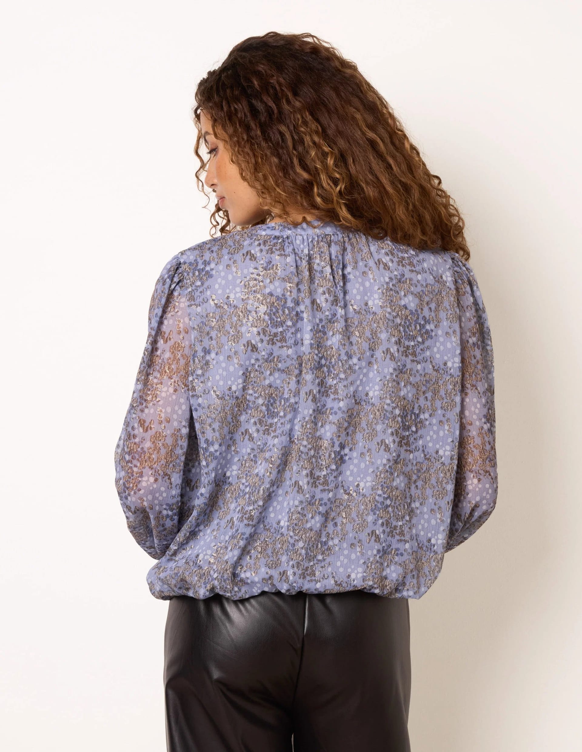 Blue Vanilla Metallic Leopard Print Tie Neck Puff Ball Blouse - 4
